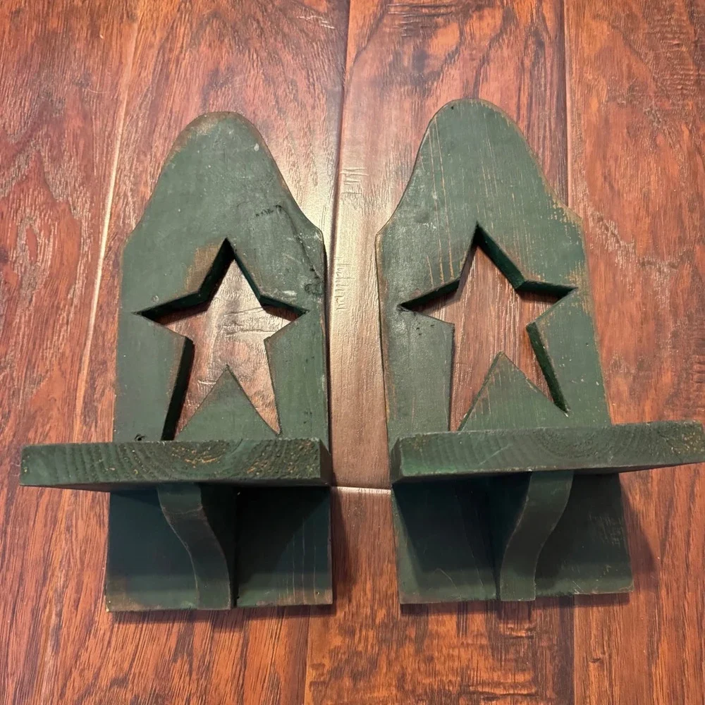 Rustic Primitive Country Star Wall Sconce Shelves Set 2 Green Distressed Wood